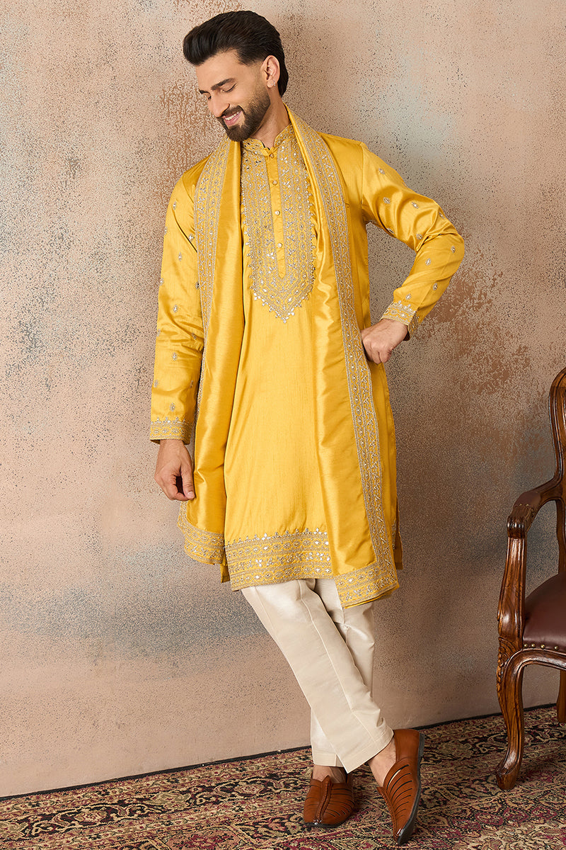 Yellow Silk Blend Solid Embroidered Kurta With Dupatta MKUD1026