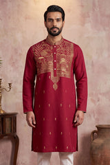 Red Silk Blend Solid Emboidered Straight Kurta MKU2375