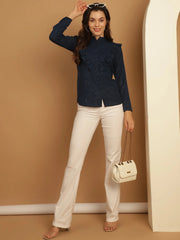 Blue Woven Design Frill Top-JNT-2025Blue