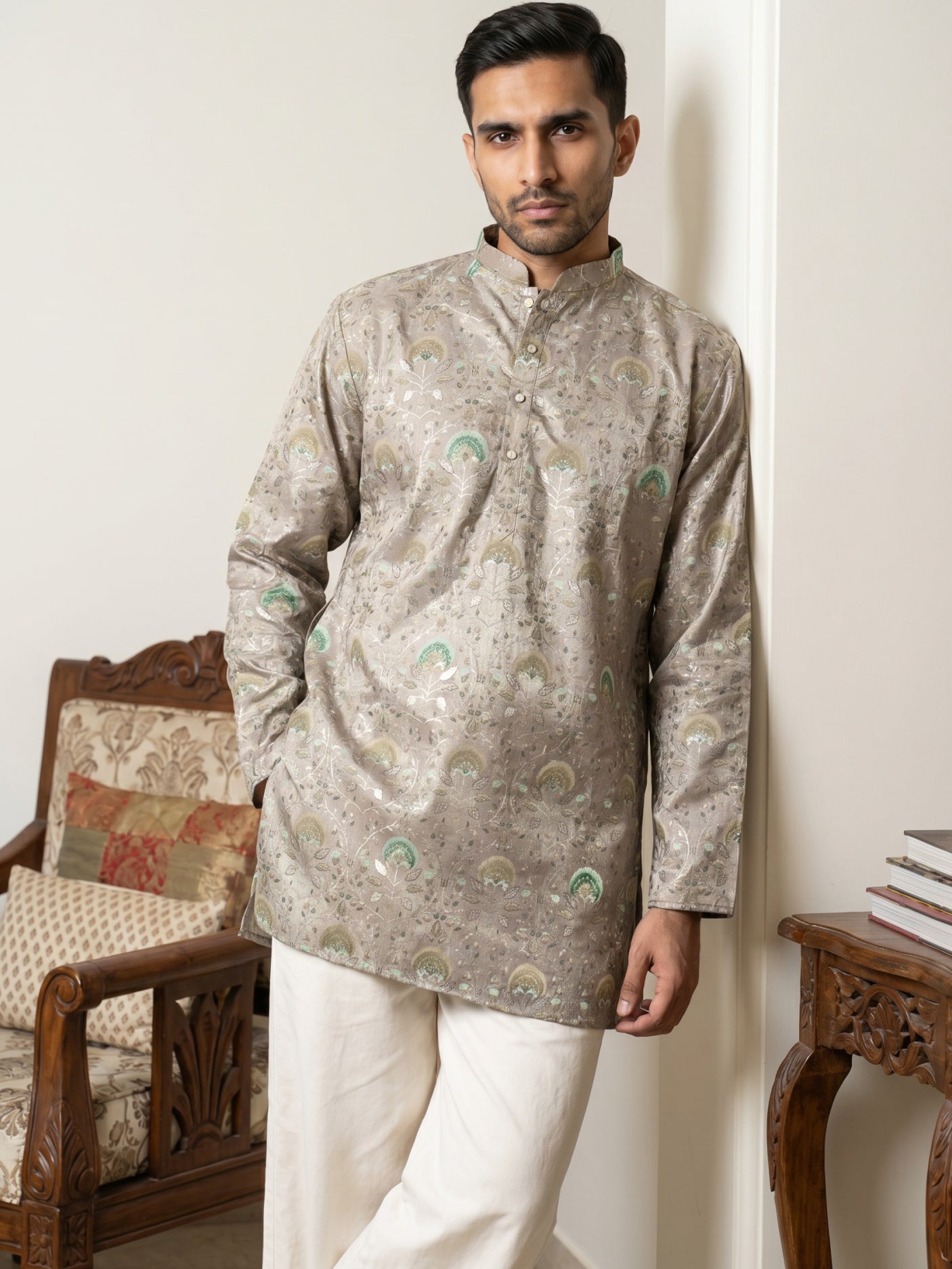 DesiQlo Men Printed Kurta Pyjama Set - Grey - 65KP_PJ11W_5587Grey_S