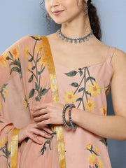Nude-Coloured Floral Printed Gotta Patti Kurta with Trousers & With Dupatta-AHKUDUPN-COMBO-605-ICH