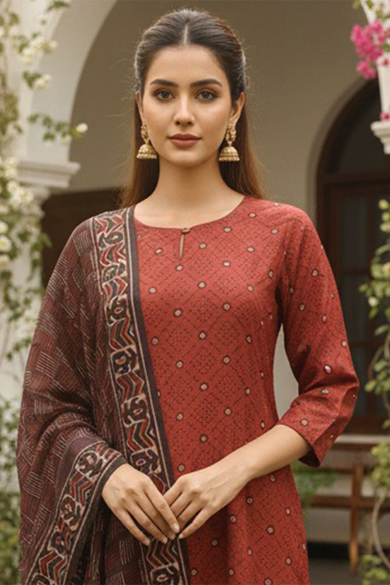 Maroon Rayon Blend Geometric Printed Straight Kurta Trousers With Dupatta VKSKD2414