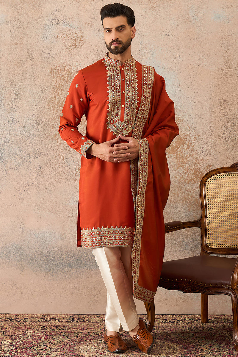 Orange Silk Blend Solid Embroidered Kurta With Dupatta MKUD1028