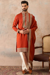 Orange Silk Blend Solid Embroidered Kurta With Dupatta MKUD1028