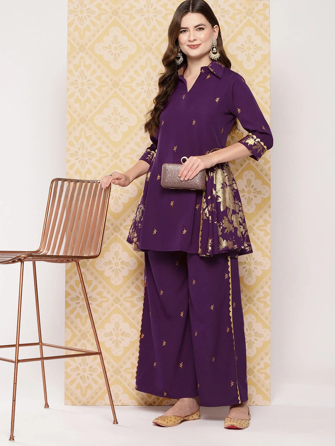 Burgundy Floral Printed Women's Co Ord Sets with Palazzos