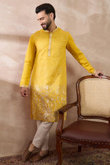 Yellow Silk Blend Embroidered Mandarin Collar Straight Kurta MKU2052
