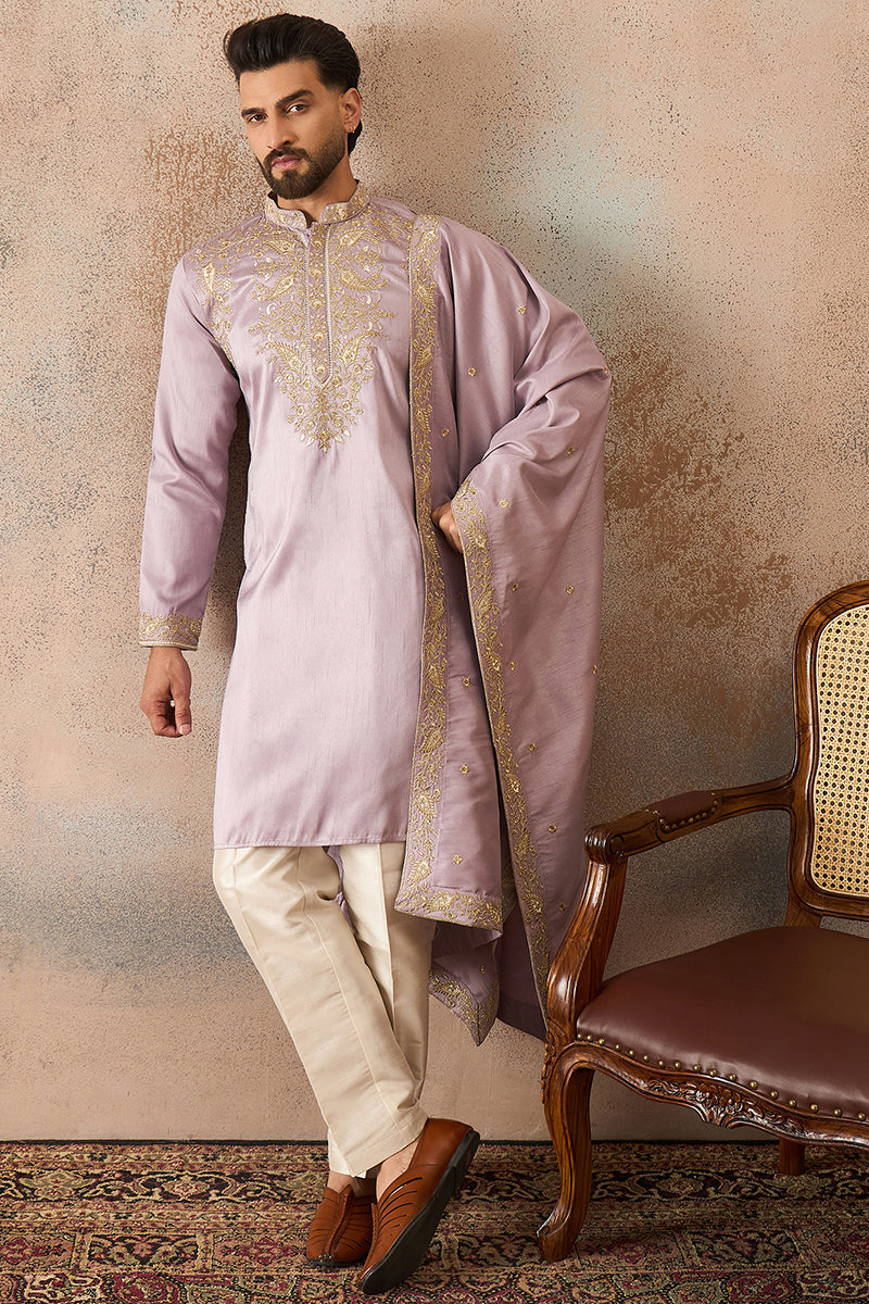 Lavender Zari Embroidered Silk Blend Kurta with Dupatta MKUD1047