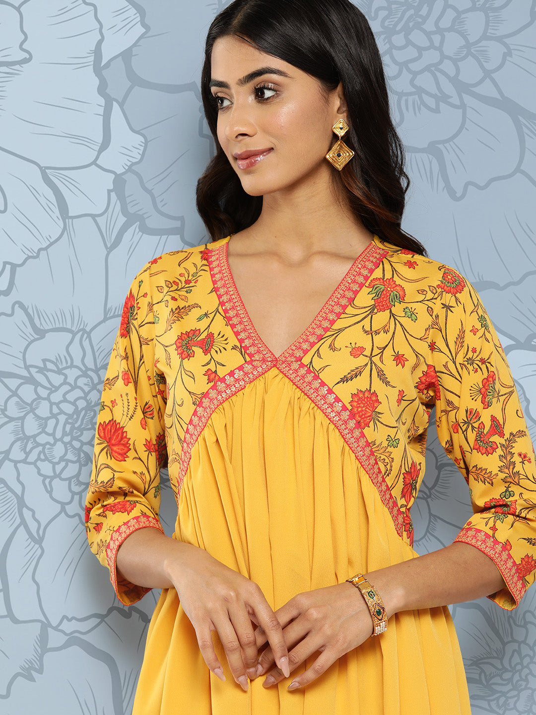Yellow Floral Midi Dress - Modern Indian Dresses Online