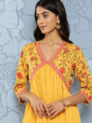 Yellow Floral Print Empire Midi Ethnic Dress-AHEDCRDP-203-ICH