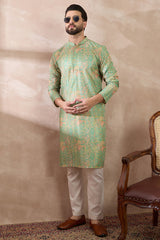Green Silk Blend Printed Mandarin Collar Straight Kurta With Trouser MKSET2113