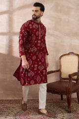 Red Silk Blend Printed Mandarin Collar Straight Kurta MKU1988