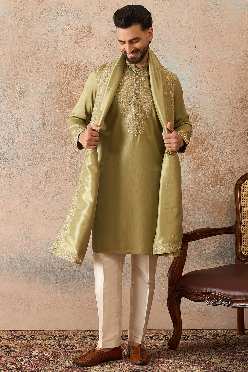 Green Zari Embroidered Silk Blend Kurta with Dupatta MKUD1046
