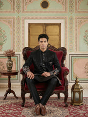 Men’s Black Heavily Embroidered Indo-Western Set ( 50JIND 127Black S )