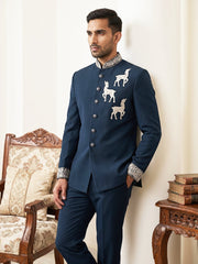 Deer Embroidered Japanese Fabric Indo-Western Set ( 50JIND 216Navy )
