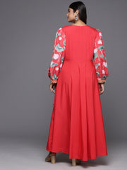 Red Plus Size Floral Printed Layered A-Line Maxi Dress-AP-AHEDCRDP-131