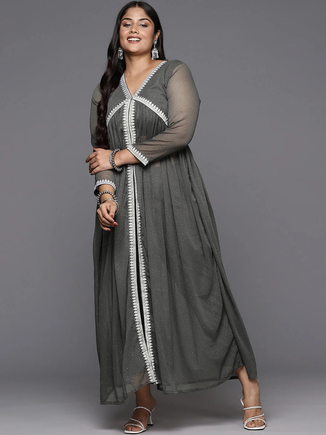 Grey Glitter Printed Plus Size High Slit Kurta with Trousers-AP-AHKUPN-COMBO-735