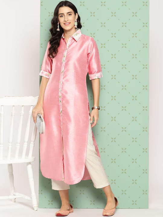Pink Floral Art Silk Kurta - Modern Indian Kurtis Collection