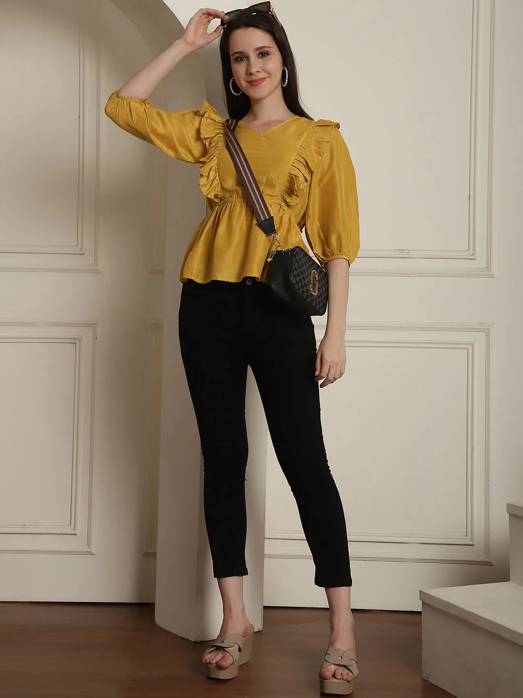 Black Frilled Women's Top | Trendy Cotton Blend Women's Shirts