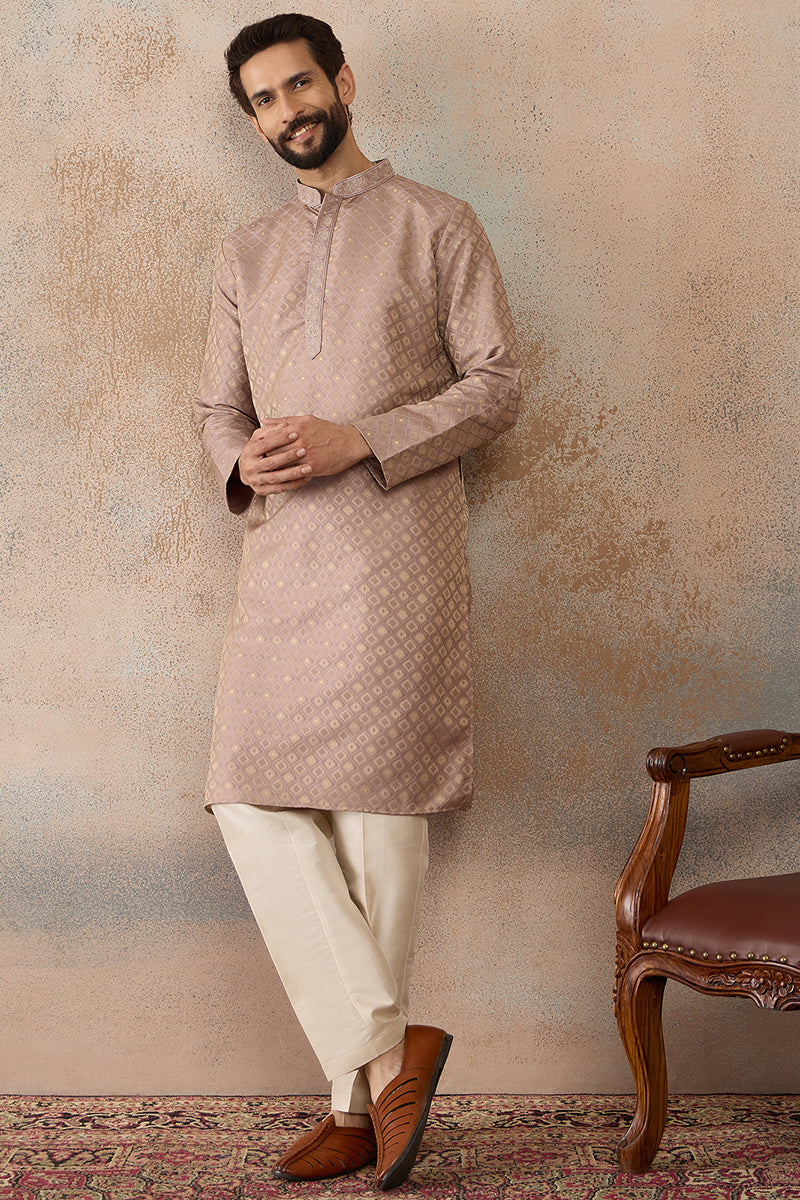 Taupe Jacquard Ethnic Motifs Embroidered Kurta With Trouser MKSET2324