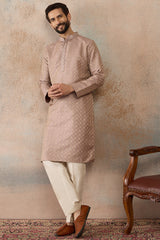 Taupe Jacquard Ethnic Motifs Embroidered Kurta With Trouser MKSET2324