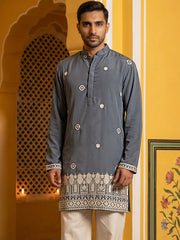 Men's Japanese Fabric Embroidered Kurta ( 65KO 5594Grey ) [FF] [G-4]