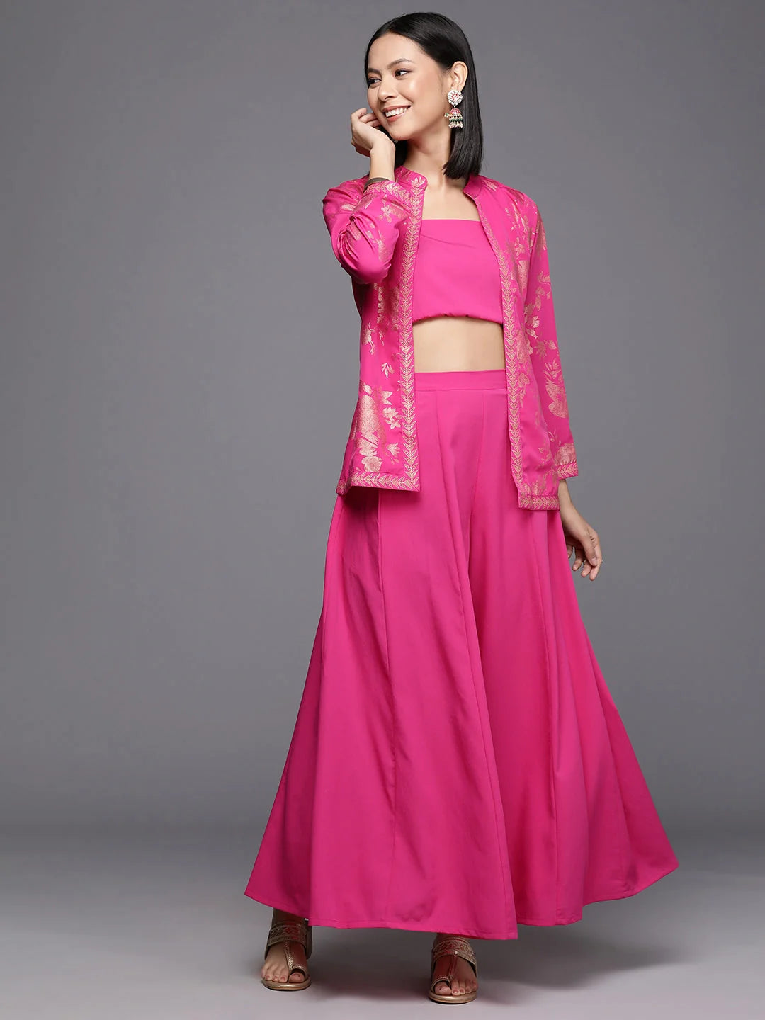 Pink Crop Top Co Ord Sets with Printed Shrug for Women