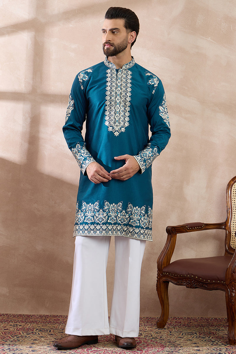 Blue Silk Blend Embroidered Mandarin Collar Straight Kurta With Trouse