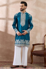 Blue Silk Blend Embroidered Mandarin Collar Straight Kurta With Trouser MKSET2017