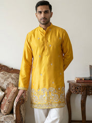 Silk Blend Embroidered Kurta & Korean Pants Set ( 65KP PJ11W 5600Mustard ) [FF] [G-4]