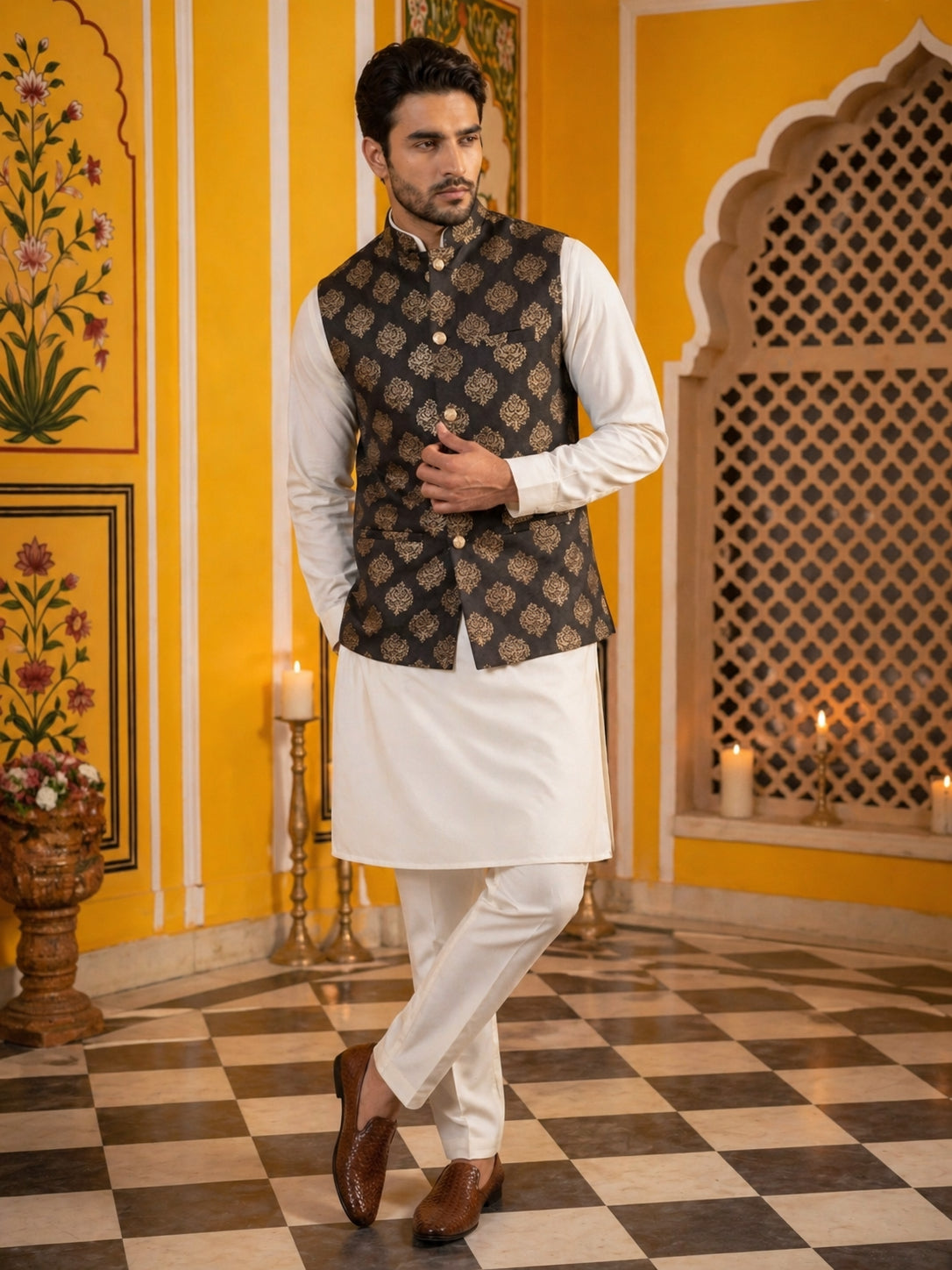 DesiQlo Men Printed Nehru Jacket and Kurta Pyjama Set - - JOKPWC_592W_