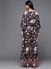 Black Floral Printed Jumpsuit With Lace Inserts-AHJSCRDP-53