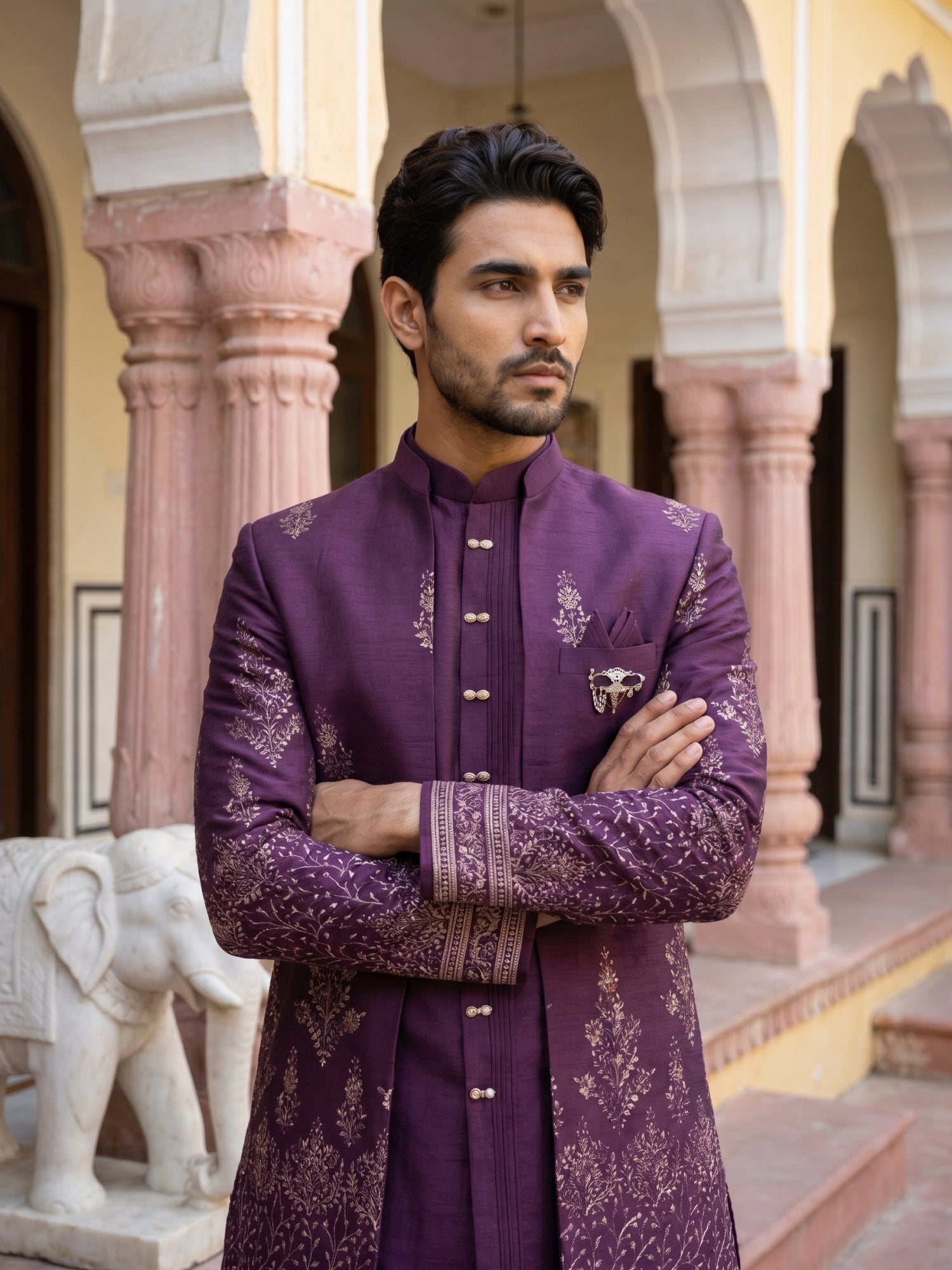 DesiQlo Men Embroidered Indo Western Set - Purple - 50JIND_221Purple_S