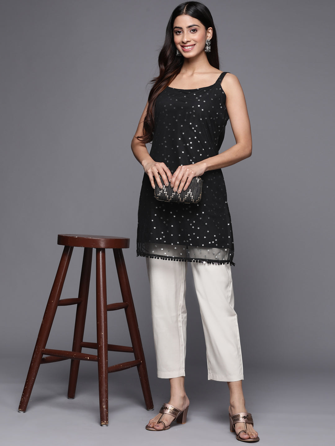 Black & Silver Foil Print Tunic Top - Indian Kurta Ladies