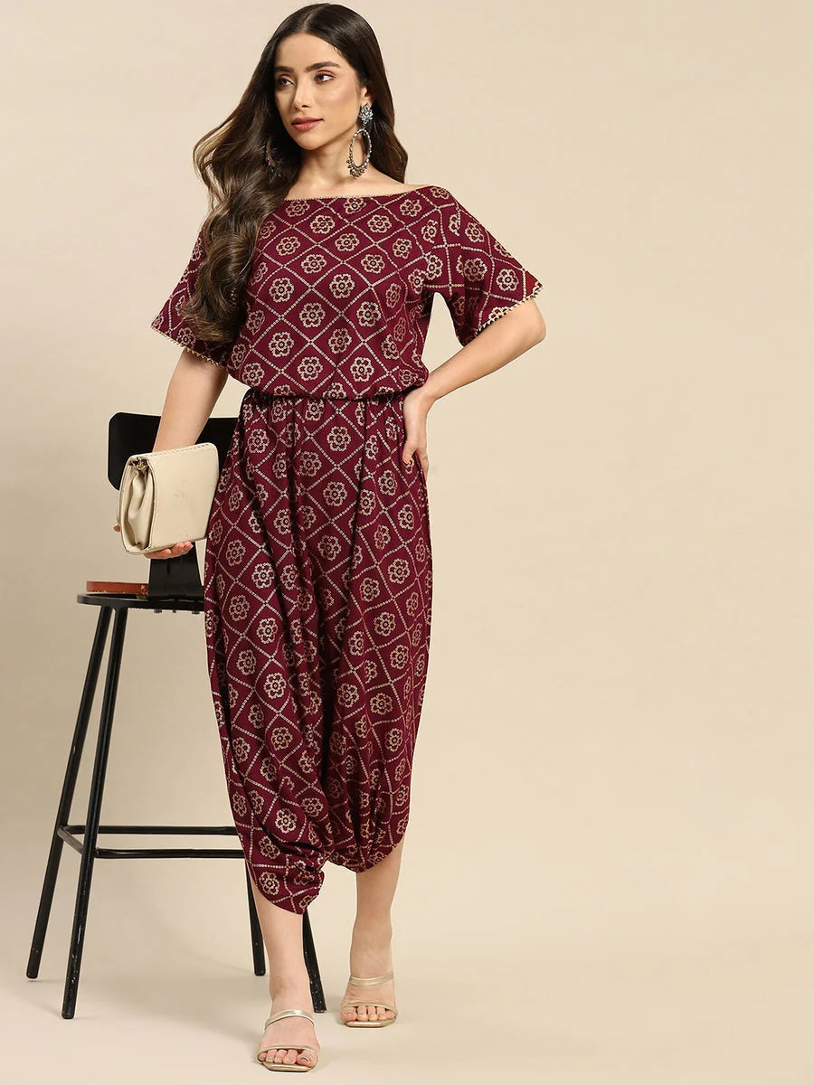 Wine Drop Shoulder Dhoti Jumpsuit | Comfortable Rayon Tops