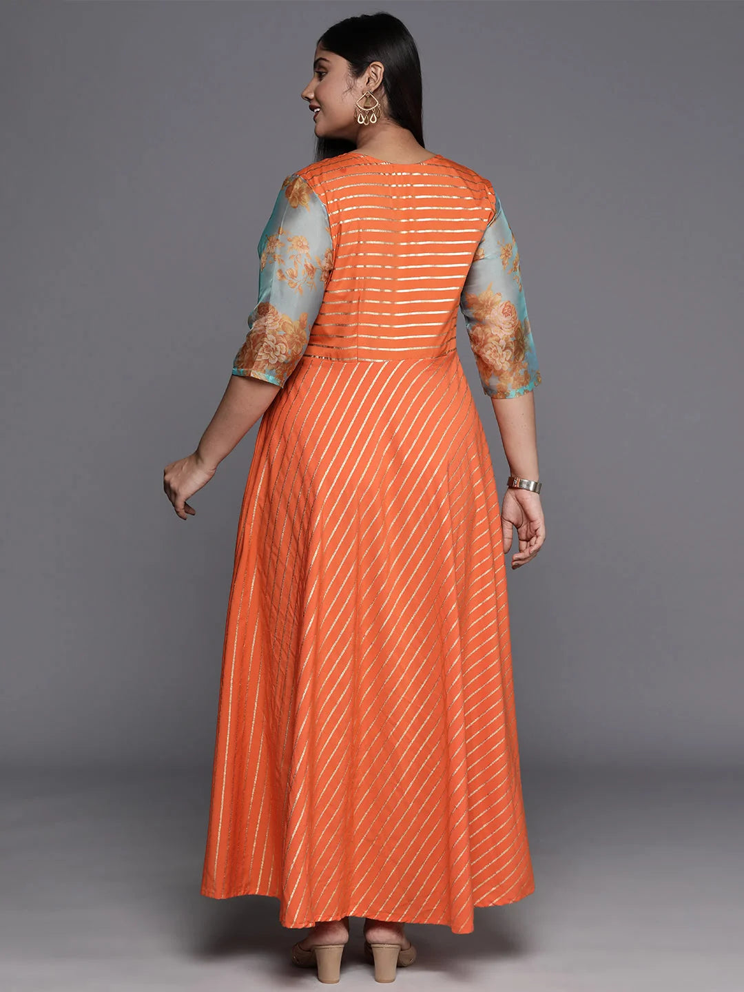 Orange, Gold & Green Striped Maxi Dress - Indian Dresses Online