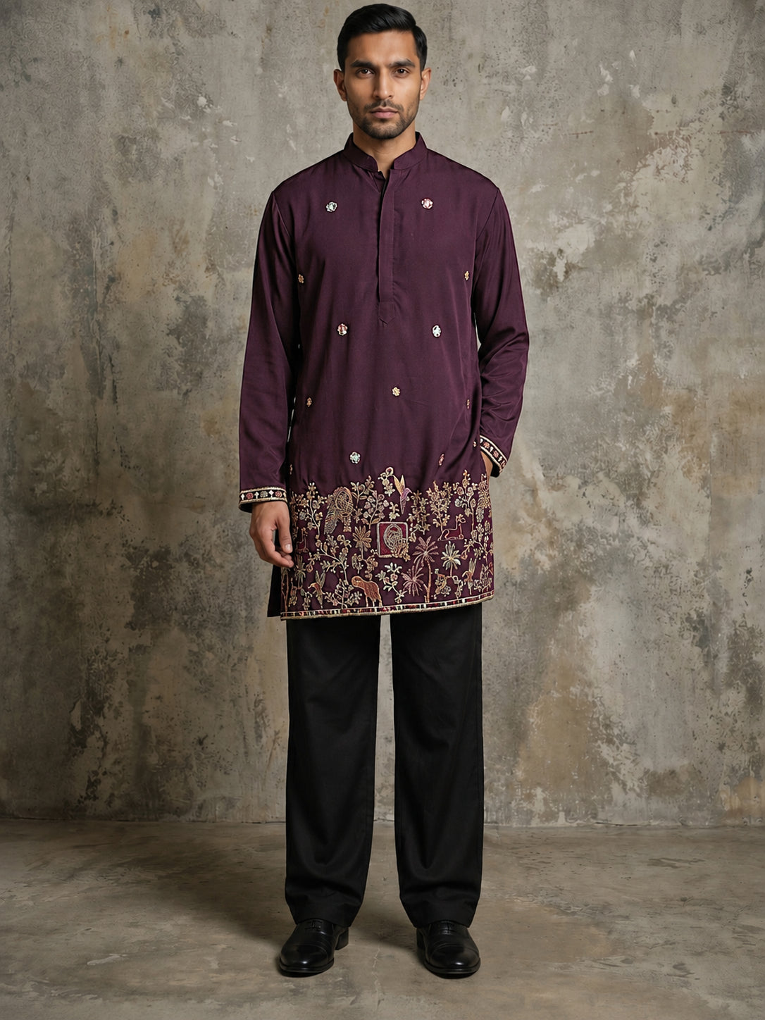 DesiQlo Men Embroidered Kurta Pyjama Set - Purple - 65KP_PJ11B_5597Pur