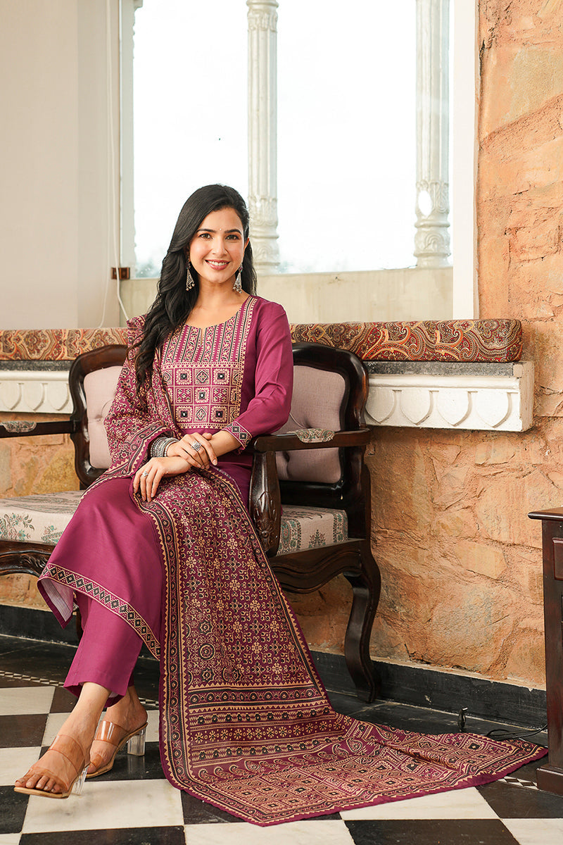 Purple Rayon Blend Ajrakh Printed Straight Kurta Trousers With Dupatta PKSKD3064