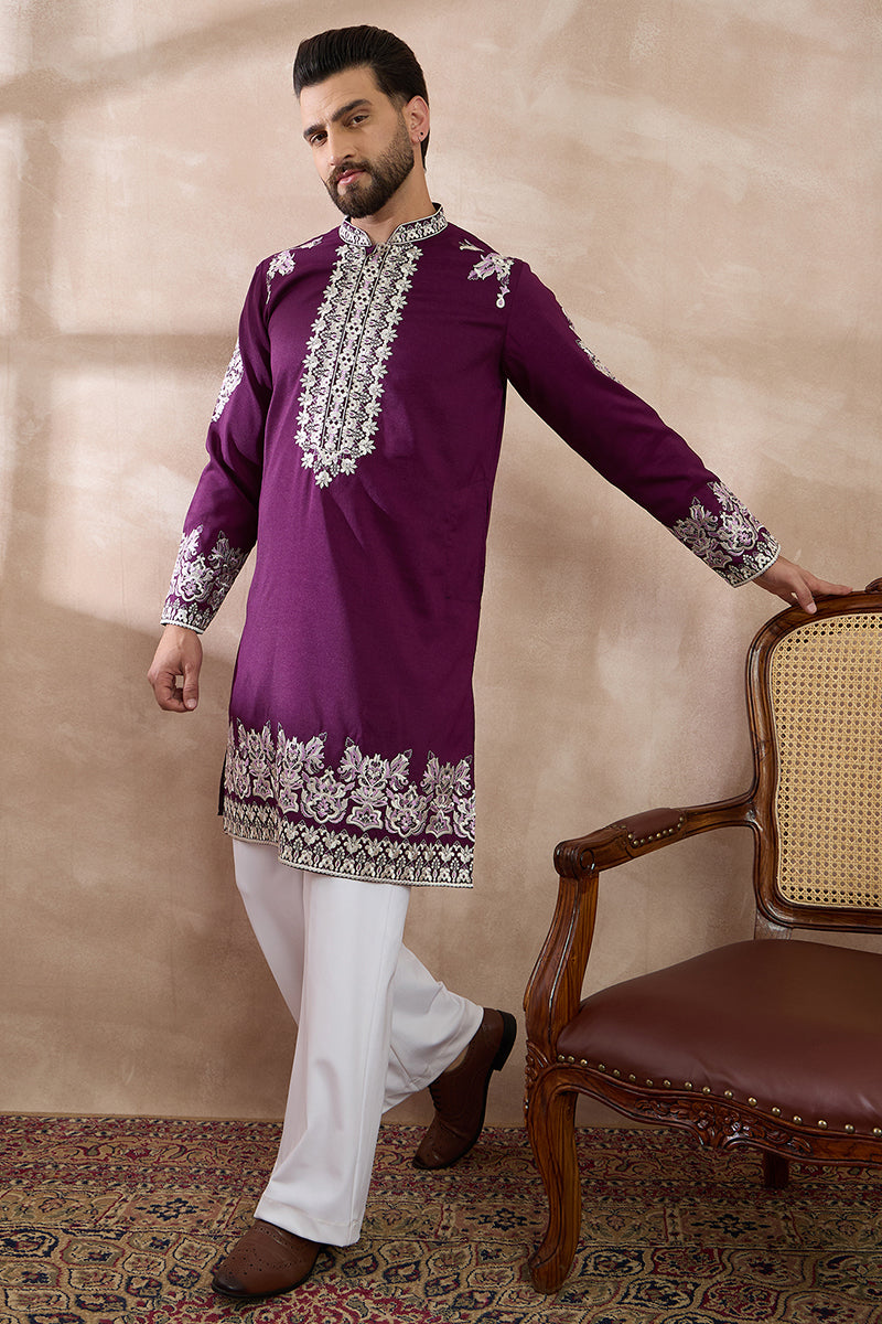 Purple Silk Blend Embroidered Mandarin Collar Straight Kurta With Trou