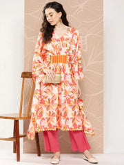 Off White & Orange Floral Printed Gotta Patti Kaftan Kurta-AHKFCRDP-6064-ICH