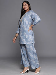 Blue & White Floral Print Plus Size Ethnic Tunic with Palazzos-AP-AHTUPZ-COMBO-646-EMB-OA