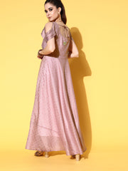 Rose Gold Chanderi Cold-Shoulders Printed Maxi Ethnic Dress-AHEDCHGP-138