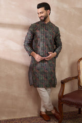 Black Silk Blend Printed Mandarin Collar Straight Kurta With Trouser MKSET2097