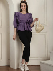 Purple Solid Women's Top With Frills-JNT-2024Purple