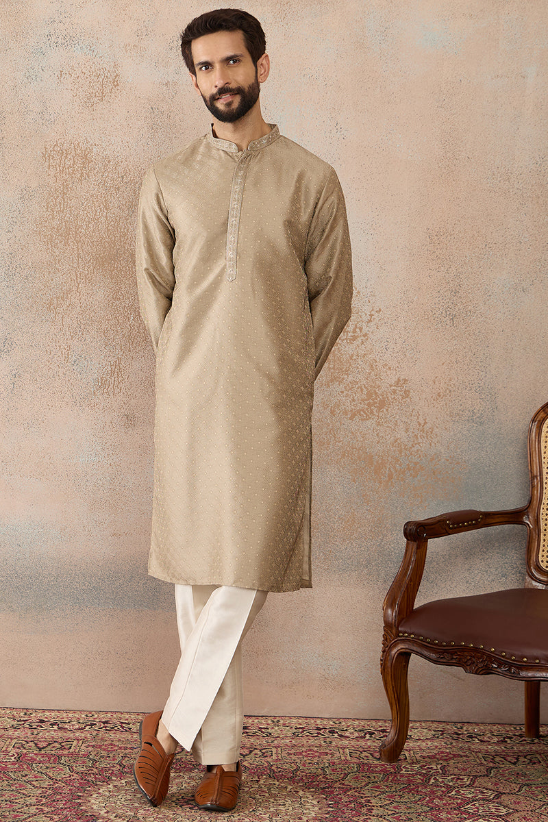 Beige Silk Blend Embroidered Solid Straight Kurta MKU2326