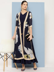 Navy Blue Floral Printed Layered Maxi Ethnic Dress-AHEDGRDP-178