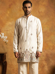 Silk Blend Embroidered Kurta for Men ( 65KO 5599Cream ) [FF] [G-4]