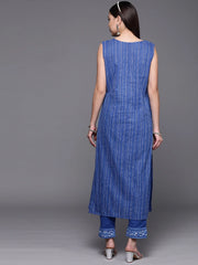 Blue Floral Printed Pure Cotton Kurta with Trousers-AHKUPN-COMBO-522