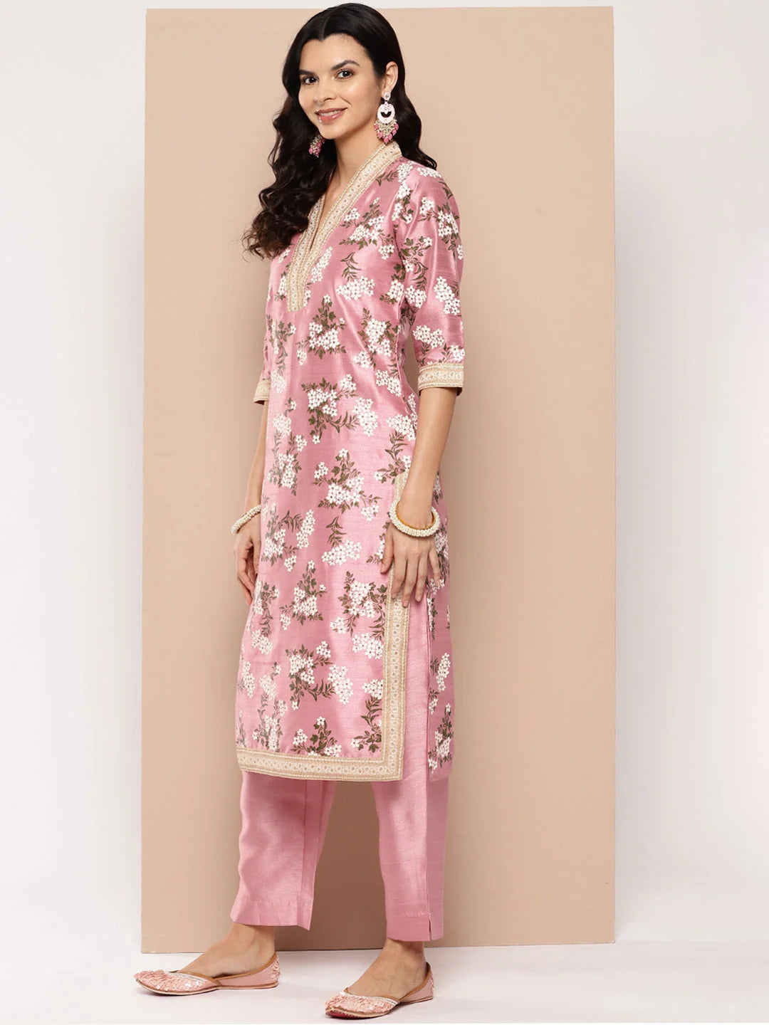 Pink Floral Printed Indian Kurta Set | Women's Kurta Sets