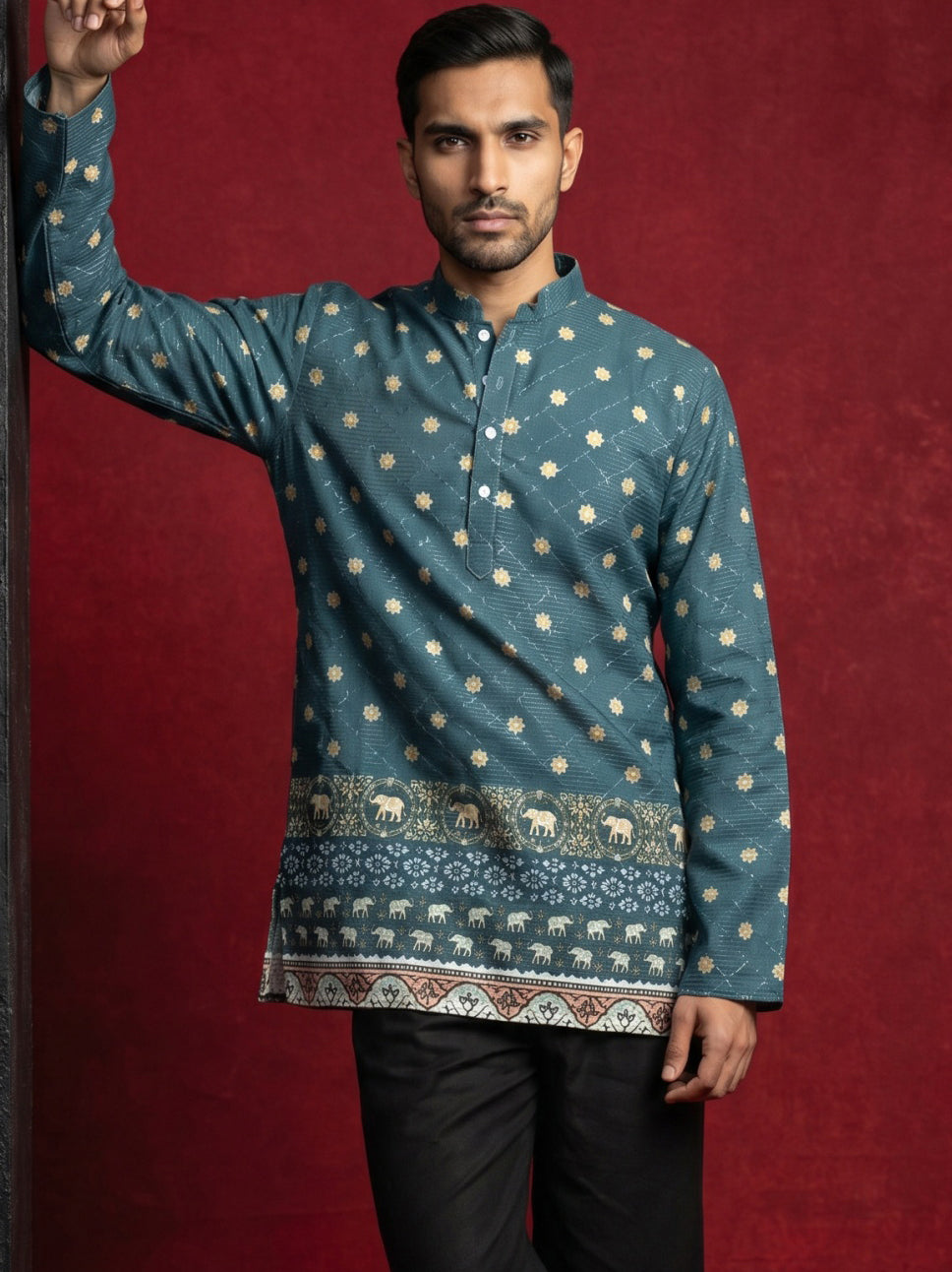 DesiQlo Men Printed Kurta Only - Green - 65KO_5593Teal_S