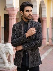 Men's Velvet Embroidered Indo-Western Set ( 50JIND 219Black )